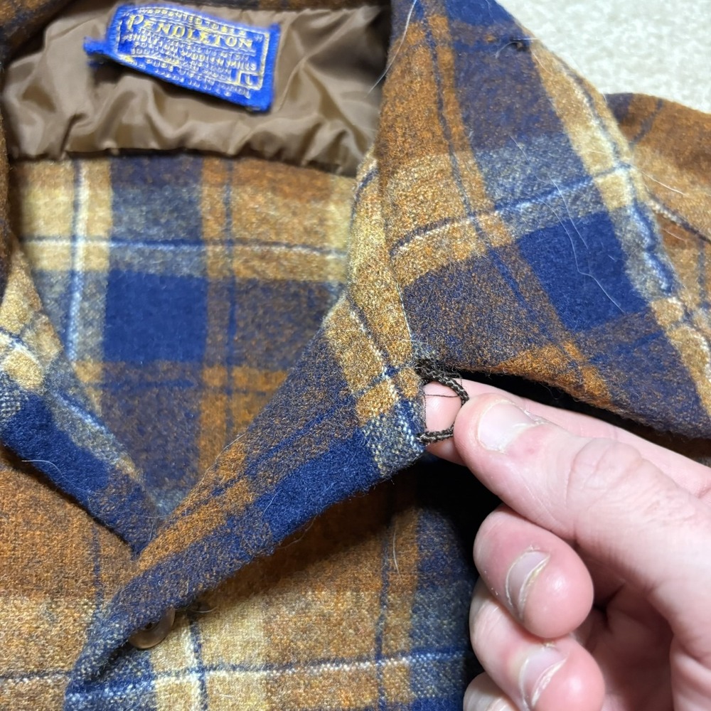 Vtg Pendleton Shirt Mens Large Brown Plaid Wool Flannel Loop Collar Made USA 60s - Picture 4 of 12